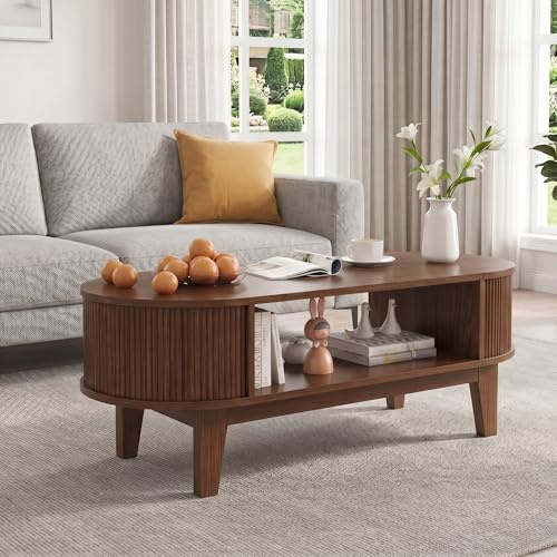 YGHQAP Ovaler Couchtisch Holz mit Stauraum, Beistelltisch Wohnzimmertisch Mid-Century Modern Sofatisch mit geriffelten Fronten fur Wohnzimmer (Nussholz, 100x50x50,4cm)