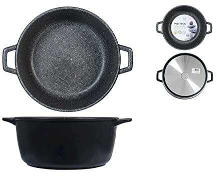 H&H Casseruola Alta Antiaderente Pietra 2 Manici Cm32 Pentole Cucina, Nero, 32 cm