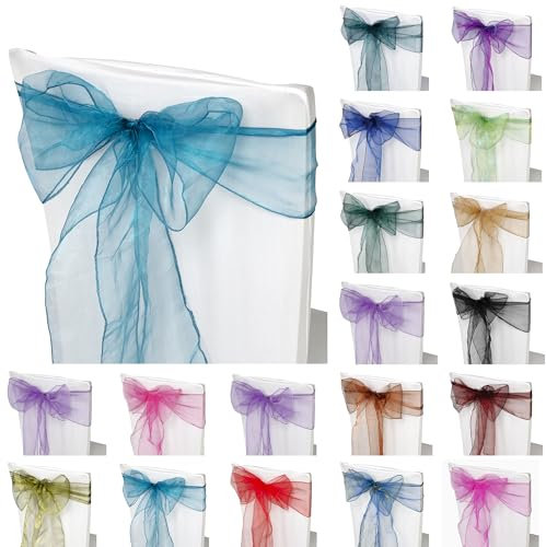 Trimming Shop 100pcs Teal Organza Sashes for Chairs Wider Sash Fuller Bow Chair Cover Bow Sashes for Wedding, Birthday, Reception, Anniversary Party Decoration, 17x280cm
