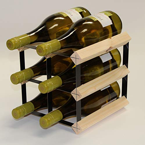 Classic 6 bottle pine wood and black metal wine rack ready assembled