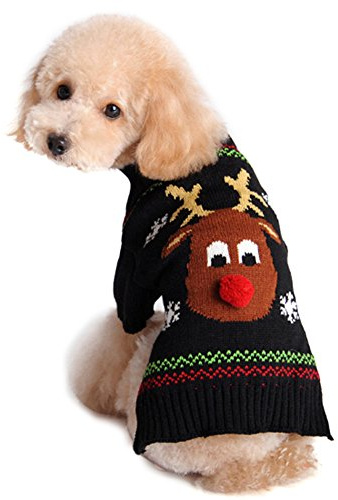 DELIFUR Red Nose Reindeer Sweater Pet Holiday Outfits Cat Dog Winter Clothing Teddy Autumn Warm Clothes (Red Reindeer Nose, L)