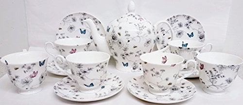 Secret Garden Tea Set 13 Piece Fine Bone China Flowers Butterflies Bees Large Teapot & 6 Cups and 6 Saucers Hand Decorated in UK