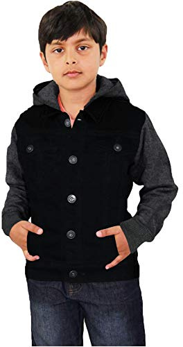 A2Z 4 Kids Boys Denim Jacket Fleece Long Sleeves Button Closure Hooded Coat - Boys Denim Jacket JK15 Jet Black 11-12