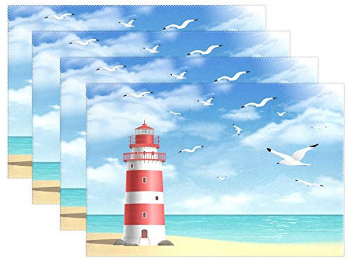 linomo Platzdeckchen, Sommer Meer Leuchtturm Möwe Tischsets rutschfeste, hitzebeständige, waschbare Tischsets für den Esstisch Küche Dekor