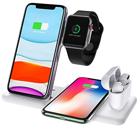 15W Wireless Charger Dock Ständer für Airpods Pro Apple Watch 7 6 5 4 3 2 1 SE, Dikkar Qi 4 in 1 Faltbare Schnellladestation Kompatibel mit iPhone 11 Pro X Xs XR Max 8/Galaxy S10+/10/9/8 Note9/ 10/10+