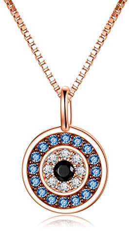 PEIMKO Blue Evil Eye Necklace With Cubic Zirconia 925 Sterling Silver Round Blue Amulet Pendant For Women Wife 18inch- White/Rose Gold/Yellow Available (Rose Gold)