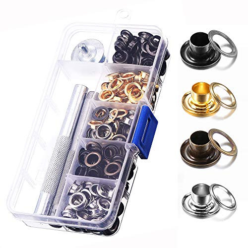 Gasea 200PCS 6MM Oeillets en Métal avec Rondelle 4 Couleurs Boucles de Rivet Eyelets Grommets Avec Outil d'Installation Pour Bricolage en Cuir Artisanat Chaussures Argent, Bronze, Or, Noir