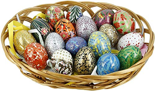 Ajuny Wooden Easter Eggs Paper Mache in Basket Colorful Hand Painted 18 pcs | Vintage Style Hanging Ornaments Decorations for Kids School Office Party Supplies DIY Crafts Gift Idea Home Decor 3 Inches