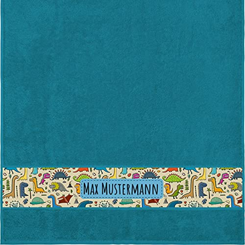 Manutextur Duschtuch mit Namen - personalisiert - Motiv Dinosaurier 2 - viele Farben & Motive - Dusch-Handtuch - Petrol - Größe 70x140 cm - persönliches Geschenk mit Wunsch-Motiv und Wunsch-Name