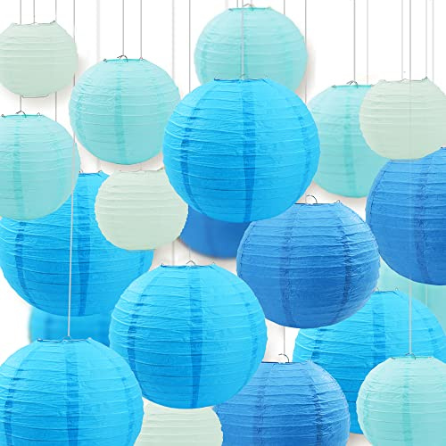 Newthinking 20PCS Hanging Paper Lanterns, 6 8 10 12 Round Blue Paper Lantern Decorations with Hanging Line for Weddings Decoration, Indoor and Garden Party Decoration