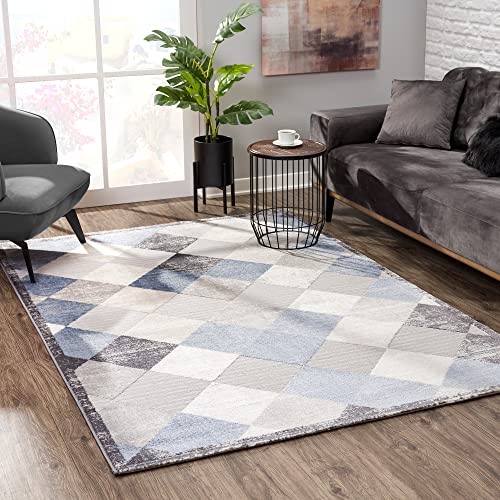 SANAT Evra Teppich für das Wohnzimmer - Kurzfloriger Teppich mit modernem Design - Geeignet für Wohnzimmer, Flur, Korridor, Esszimmer, Schlafzimmer, Küche und Kinderzimmer - Blau Grau, 160 x 220 cm