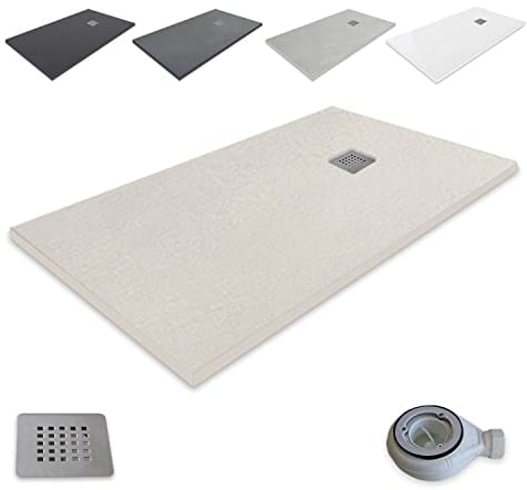 Plato de Ducha Resina Extraplano outletaseo –Todas las medidas disponibles - Antideslizante Textura Pizarra - Incluye Válvula desagüe+Rejilla (160x80, Beige RAL 1172)