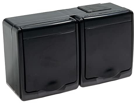 asvendo Aufputzserie/Lichtschalter/Doppelschalter/Steckdose 1-fach / 2-fach / 3-fach/IP 44 / feuchtraumgeeignet/schwarz (2-fach Steckdose)