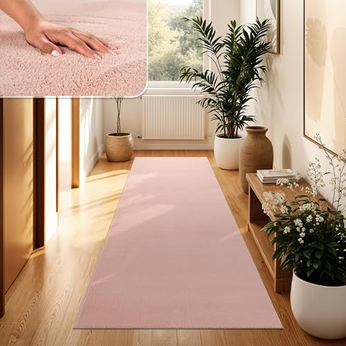 Paco Home Alfombra Moderna y Suave para Salón a Pelo Corto Lavable Fluffy Uni Efecto Piel Intemporal Elegante Antideslizante Fácil de Limpiar, tamaño:80x300 cm, Color:Rosa