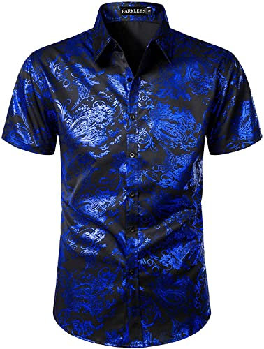 PARKLEES Men's Luxury Paisley Shiny Printed Slim Fit Short Sleeve Button Up Dress Shirt Royal Blue L
