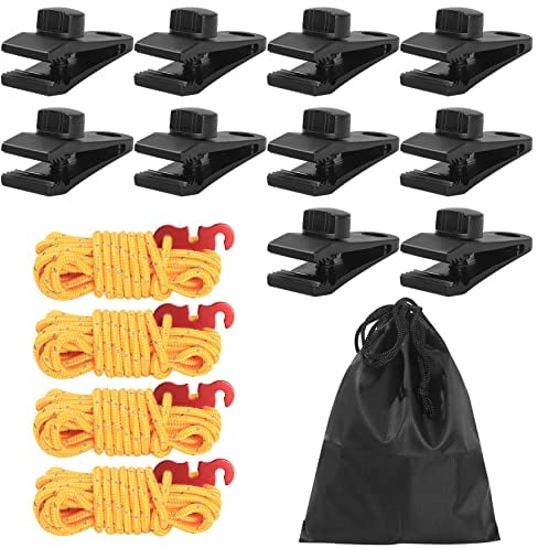 10 Pz Clip per Teloni Tenda, Clips per Teloni di Fissaggio, Gancio per Teloni, Morsetti per Teloni, Clips Antivento per Tende da Sole Campeggio Aperto + 4 Corda del Vento, 4 Fibbie in Corda di Vento