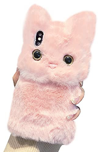 UnnFiko Winter Soft Warm Plush Case Compatible with iPhone 11 Pro Max, Cute Cat Fuzzy Animal Fluffy Fur Handmade Case Covers for Girls Women (Plush Kitten Pink, iPhone 11 Pro Max)