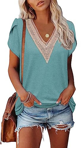 Famulily Women Short Petal Sleeve Tops, Ladies V Neck Lace Green T Shirts Fashion Loose Fit Summer Blouse (L, Light Green)