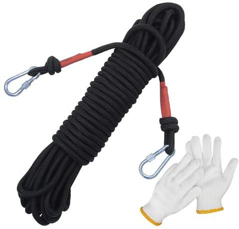 Hcrvvi 10M Climbing Safety Rope, Fire Rescue, Parachute Rope, Caving Camping Rescue Multi-use Strong Rope, Wire Core Climbing Rope, Rope With Two Carabiners and A pair of Gloves (Black 10mm)
