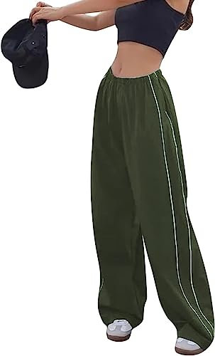 Odizli Cargohose Damen Baggy High Waist Y2K 2000er Cargo Fallschirm Hose Parachute Track Pants Frauen Hip Hop Fallschirmhose Jogginghose Trackpants Teenager Mädchen Streetwear mit Taschen Grün M