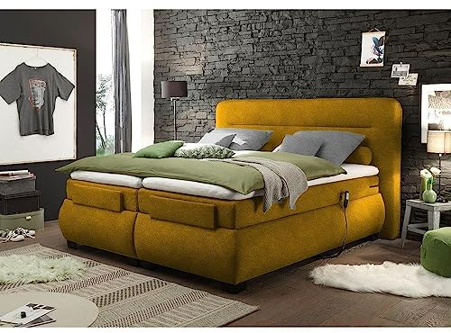 Lomadox Boxspringbett 180x200 cm mit elektrischer Verstellung | Doppelbett in senf mit Härtegrad H2