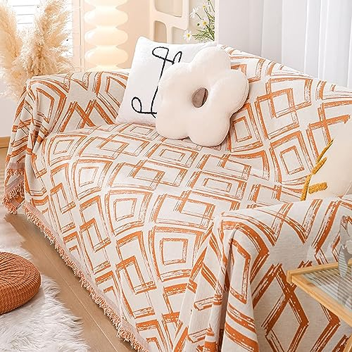 Mesnt Sofabezug Recamiere, Chenille Sofaschoner Überwurfdecke Sofaschutz für Katze/Hunde mit Geometrisches Gittermuster mit Quaste Orange, 180x420CM