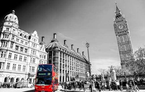 Klassische Puzzles 1000 Teile Roter Bus In Lodon Blick Auf Die Straße Mit Big Ben Im Panorama Schwarz-Weiß-Foto 75 * 50Cm