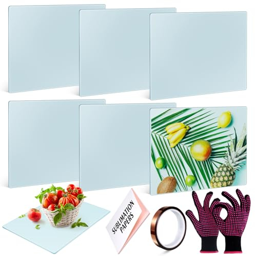 Tanlade 16 Pcs Clear Blank Sublimation Glass Cutting Boards Set 6 Pcs Glass Chopping Boards with Rubber Feet, Heat Resistant Gloves, Heat Transfer Tape and 8 Pcs Heat Transfer Paper (Smooth Surface)