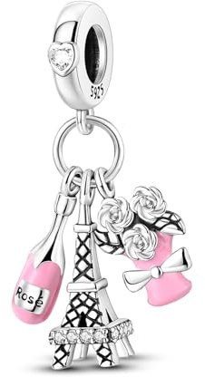 Hapour 925 Sterling Silber Charms für Armbänder und Halsketten – Eiffelturm-Charm mit rosa Rose Liebesherz Hochzeitsperlen Schmuck Geschenke für