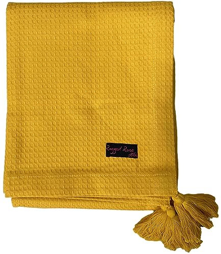 Ragged Rose 140 cm x 180 cm Waffle Throw - Versatile Indoor & Outdoor Throw Waffle Weave Cotton with Corner Tassles - Cotton Throws for Sofa & Bed