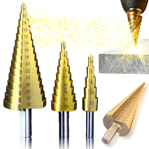 Retoo Juego de brocas escalonadas de 3 piezas, juego de brocas peladoras Exact en espiral, 4 mm hasta 12/20/32 mm, revestimiento de titanio, brocas profesionales para metal, madera y plástico