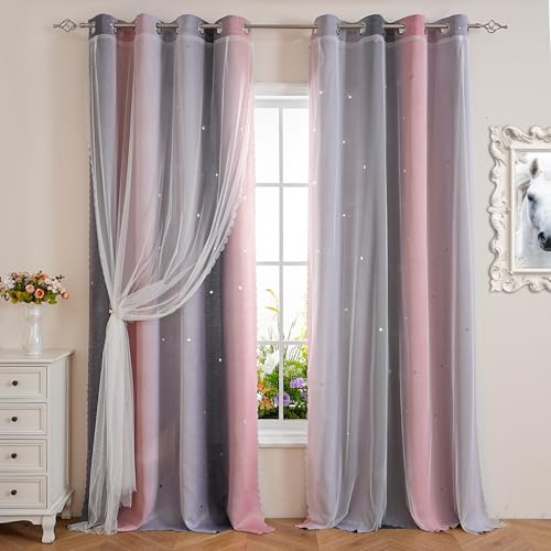 LOHUT Rosa Stern-Vorhang, 213,4 cm Länge, für Mädchenzimmer, Kinderzimmer, Verdunkelungsvorhang für Wohnzimmer, Verdunkelung, romantisch, Kinderzimmer, Fenstervorhang, 2 Paneele, Rosa-Grau, 132 x 213