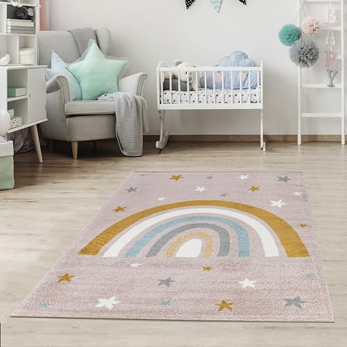 Jimri Kinderteppich DOTS l Pünktchen Gepunktet l Öko-Tex Siegel | Farbe: Beige Blau Rosa | Kinderzimmer/Jugendzimmer (Pink, 80 x 150 cm)