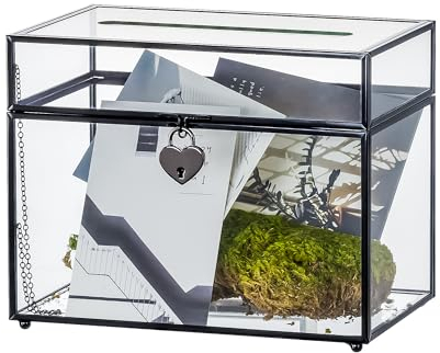 NCYP 25x14,2x19,8 cm Hochzeitskartenbox mit Schlitz und Schloss, Schwarze Glas Umschlagbox mit Deckel für Geburtstagsparty, Vintage Rechteckige Tafelaufsatz Dekoration(Glasbox und nur Schloss)