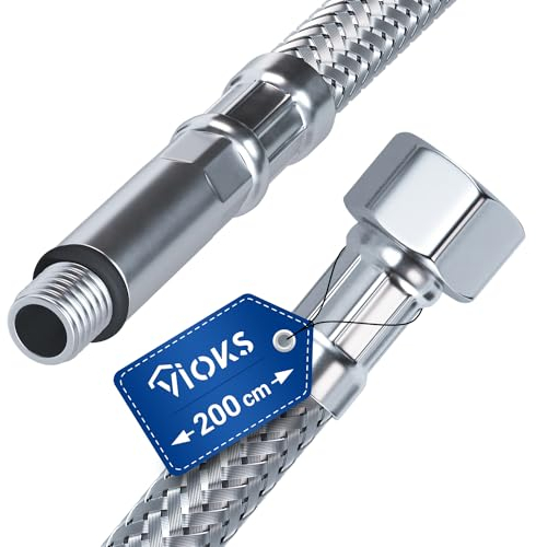 VIOKS Tuyau de raccordement 3/8 ÜM x M10 x 200 cm - Tuyau d'arrosage pour robinet et eau - Raccord en acier inoxydable - Rallonge de raccordement d'eau - Tuyau flexible - Robinet de cuisine