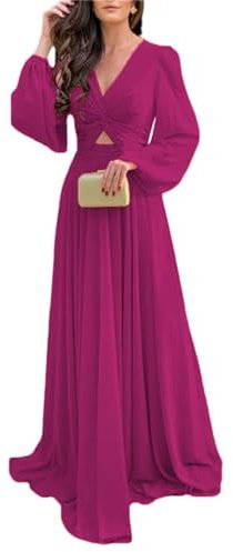 YIAX148 - Vestido de dama de honor de manga larga con cuello en V de gasa para mujer, fucsia, 44