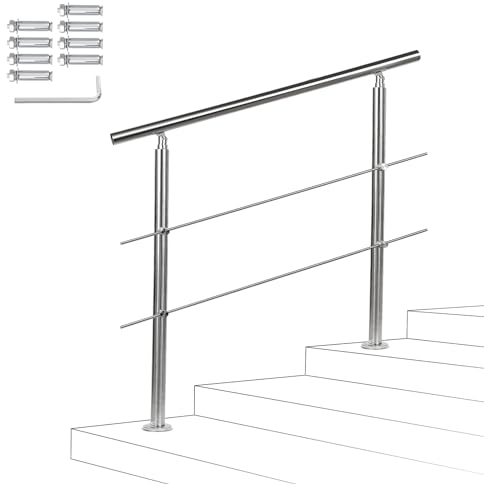 Fiqops Handlauf Edelstahl Treppengeländer Außen & Innen 120 cm mit 2 Querstreben Ø 42mm mit Zubehör, Winkelverstellbar für Treppen Garten Hauseingang Brüstung Balkon
