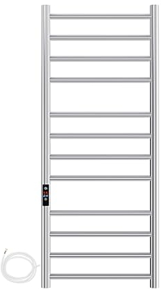 AQUAWORLD Stainless Steel 304 Electric Towel Warmer Heated Towel Rail with Built-in Timer for Bathroom Wall Mounted Bath Towel Heater Hardwired Electric Towel Rack Polished Chrome 1200mm x 500mm