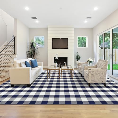 Aoczes Groß Baumwollteppich Waschbar Flachgewebe Teppich Wohnzimmer 240x300 cm Kurzflor Büffel Plaid Baumwolle Gewebt Marineblau Weiß Kariert Indoor Outdoor Teppich für Esszimmer Schlafzimmer