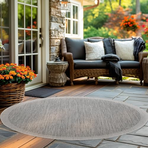 Carpettex In & Outdoor Teppich Wetterfest 120 cm Rund Grau - Sisal Optik Balkon Teppich Waschbar, Wasserfest und Flachgewebe - Ideal als Teppich für Küche, Terrasse, Garten und Camping
