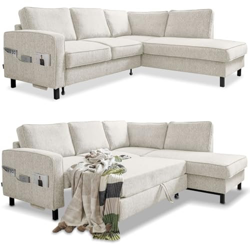 MIUFORM Molly L | limitierter Polsterstoff | 6 Sitzer Ecksofa | L-form rechts | 233 x 198 x 88cm Couch | Klappsofa mit Schlaffunktion | Schlafsofa klappbar (Beige)
