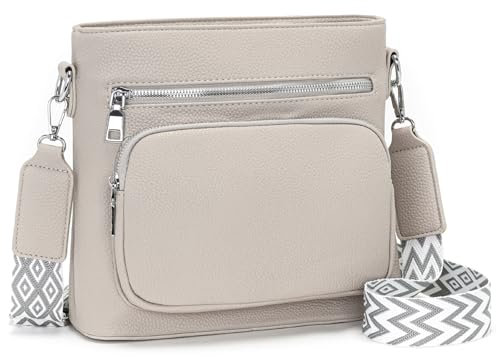 Snmoec umhängetasche damen mittelgroß damen handtasche mittelgross crossbody bag Veganes Leder umhängetasche mit breitem gurt handtaschen blassgrau