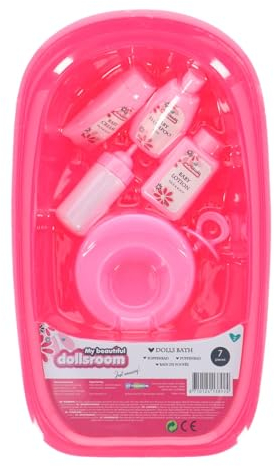 My beautiful dollsroom 477-6055 Puppenbad 7-teilig, Spielset aus Kunststoff mit Badewanne, Töpfchen, Schnuller, Fläschchen, Attrappen für Shampoo, Lotion und Creme, für Kinder ab 2 Jahren