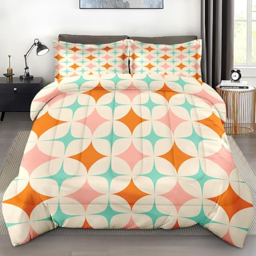 Pamnest Bettdecken-Set für Queen-Size-Betten, 50er-Jahre-Mitteljahr, Atomic, Vintage, weich, 3-teilig, für Kinder und Erwachsene, geometrisches Retro-Bettwäsche-Set mit Kissenbezug, für Schlafzimmer