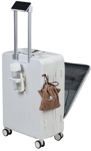 Calager 24inch Medium Suitcase, Lightweight Front Open Carry On Luggage with 4 Wheel, Lock, Hard Shell Travel Trolley Luggage Suitcase with Cup Holder, USB Port & Phone Holder White