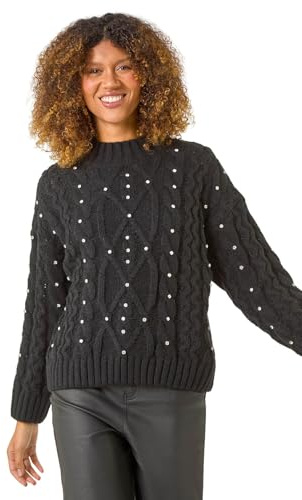 Roman Originals Diamante Cable Knit Jumper for Women UK - Ladies Everyday Autumn Winter Funnel Neckline Comfy Soft Evening Vacation Work Party Night Out