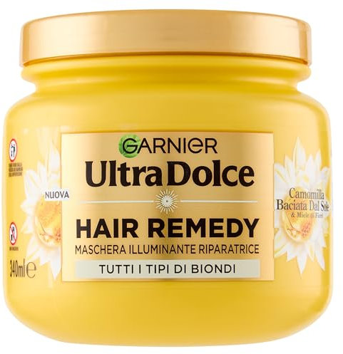 Garnier Maschera Illuminante Riparatrice, Per Tutti i Tipi di Capelli Biondi, Capelli più Morbidi e Luminosi, Arricchita con Camomilla e Miele di Fiori, Hair Remedy, Ultra Dolce, 340 ml