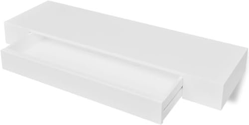 thehomeshelf White MDF Floating Wall Shelf – Modern Wall-Mounted Display with 1 Drawer, Book/DVD Storage, Minimalist Design for Home or Office