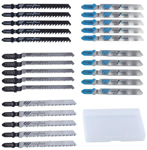 LEONTOOL 25PCS T Shank Jigsaw Blades for Wood Plastic Metal, HCS/HSS Multi-Purpose Jig Saw Blades Set with Case, Assorted Replacement Jig Saw Blades(T101B, T101AO, T144D, T118A, T118B, Each 5PCS)
