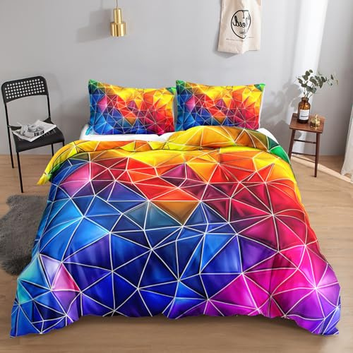 HOSIMA Bettwäsche-Set für Jungen und Mädchen mit Buntem Dreieck-Aufdruck, Bettbezug und 2 Kissenbezügen (Buntes Dreieck S)